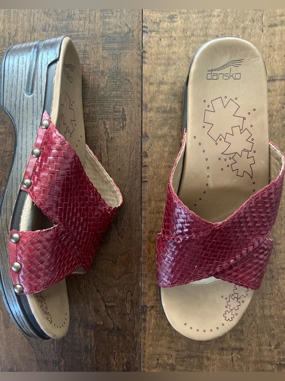 Dansko Mila burgundy red leather platform clog sandals